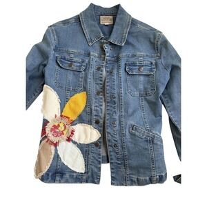 LPL Leaf Petal Linen Denim Jacket Womens M Blue Floral Patchwork Statement